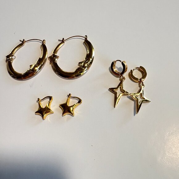 Gold Costume Jewelry Bundle of 3 Pairs of Earrings Stars, Moon, Hoops - Picture 2 of 4